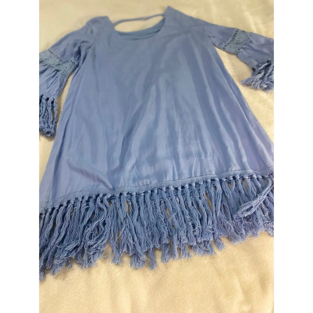 JODIFL Blue Boho Tunic Dress Bell Sleeve Crochet Lace Fringe Tassel Womens S Y2K - Picture 12 of 12